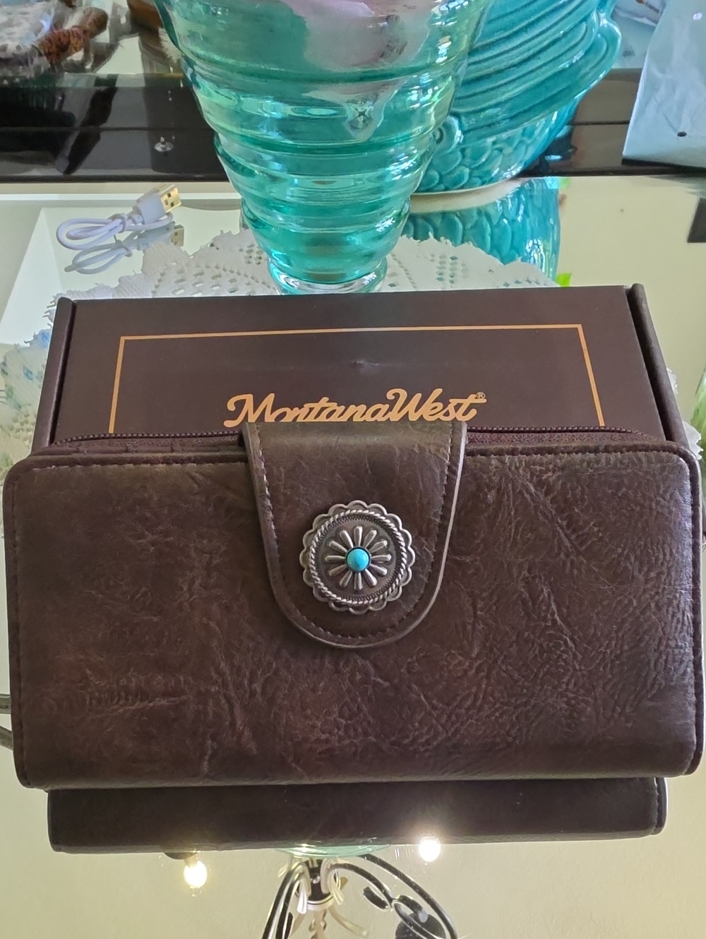 Montana West Brown  Leather Wallet with Turquoise Accent Concho